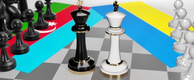 Azerbaycan ve Ukrayna - görüşmeler, tartışmalar, diyaloglar veya bu iki ülke arasında bayraklı iki satranç kralı olarak gösterilen ve toplantı ve müzakere sanatını sembolize eden bir çatışma, 3d illüstrasyon