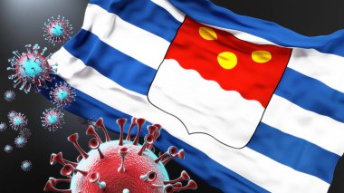 Batum ve covid salgını. Virüs, Batumi 'nin bir şehir bayrağına saldırıyor. Virüs salgınıyla mücadele sembolü olarak.