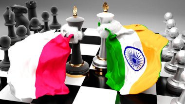 Polonya Hindistan - bu iki ülke arasında iki satranç kralı olarak gösterilen toplantı, diplomasi ve müzakere sanatını sembolize eden toplantı, tartışma ve diyalog, 3d illüstrasyon