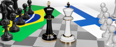 Brezilya ve Finlandiya - görüşmeler, münazara, diyalog veya iki satranç kralı olarak gösterilen ve toplantı ve müzakere sanatını sembolize eden iki ülke arasında bir çatışma, 3d illüstrasyon