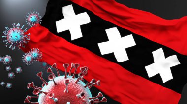 Amsterdam ve Covid salgını. Virüs, bu şehirdeki virüs salgınıyla mücadele sembolü olarak Amsterdam bayrağına saldırıyor.