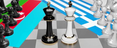 Azerbaycan ve Yunanistan - görüşmeler, tartışmalar, diyaloglar veya bu iki ülke arasında bayraklı iki satranç kralı olarak gösterilen ve toplantı ve müzakere sanatını simgeleyen bir çatışma, 3d illüstrasyon