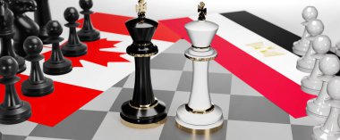 Kanada ve Mısır - görüşmeler, münazara, diyalog veya iki satranç kralı olarak gösterilen bu iki ülke arasında toplantı ve müzakere sanatını sembolize eden bir çatışma, 3d illüstrasyon