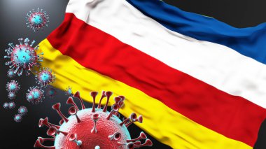 Dokkum ve covid salgını. Virüs, Dokkum 'un şehir bayrağına saldırıyor. Virüs salgınıyla mücadele sembolü.