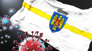 Chisinau ve Covid salgını. Virüs Chisinau 'nun bir şehir bayrağına saldırıyor. Virüs salgınıyla mücadele sembolü olarak.