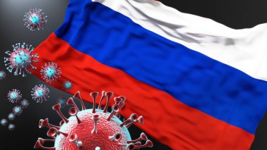 Rusya Federasyonu ve covid salgını - Corona virüsü Rusya Federasyonu 'nun ulusal bayrağına saldırarak bu ülkedeki savaş, mücadele ve virüs varlığını sembolize ediyor.