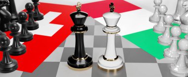 İsviçre ve İtalya - görüşmeler, münazara, diyalog veya iki satranç kralı olarak gösterilen bu iki ülke arasında toplantı ve müzakere sanatını sembolize eden bir çatışma, 3d illüstrasyon