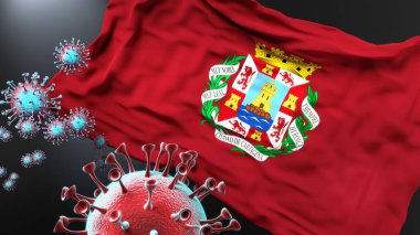 Cartagena ve covid salgını. Virüs, Cartagena 'nın bir şehir bayrağına saldırıyor. Virüs salgınıyla mücadele ve mücadele sembolü.