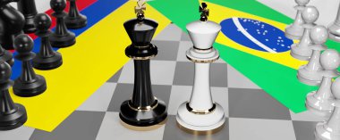 Kolombiya ve Brezilya - görüşmeler, tartışmalar, diyaloglar veya bu iki ülke arasında bayraklı iki satranç kralı olarak gösterilen ve toplantı ve müzakere sanatını sembolize eden bir çatışma, 3D illüstrasyon