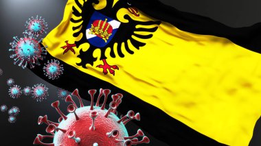 Bolsward ve Covid salgını. Virüs, Bolsward 'ın bayrağına saldırıyor. Virüs salgınıyla mücadele sembolü olarak.