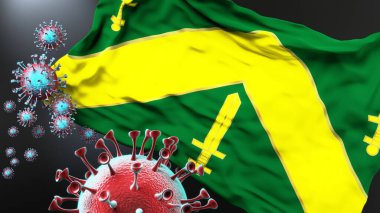 Campina büyük ve covid salgını. Virüs Campina Grande 'nin şehir bayrağına saldırıyor. Virüs salgınıyla mücadele sembolü olarak.