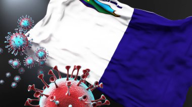 Kuzey Makedonya 'nın Delcevo Belediyesindeki Covid - Coronavirus ve Kuzey Makedonya' nın Delcevo Belediyesi bayrağı, bu kentteki salgının bir simgesi olarak, 3D illüstrasyon