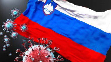 Slovenya ve covid salgını - Corona virüsü Slovenya 'nın ulusal bayrağına saldırarak bu ülkedeki savaş, mücadele ve virüs varlığını sembolize ediyor.