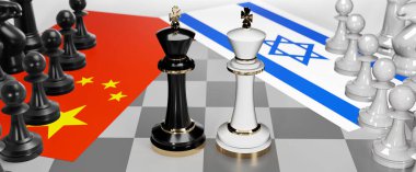 Çin ve İsrail - görüşmeler, münazara, diyalog veya iki satranç kralı olarak gösterilen bu iki ülke arasında toplantı ve müzakere sanatını sembolize eden bir çatışma, 3D illüstrasyon