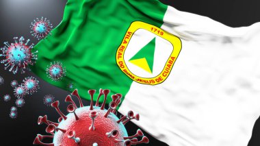 Cuiaba ve covid salgını. Virüs bu şehirdeki virüs salgınıyla mücadele sembolü olarak Küba bayrağına saldırıyor.