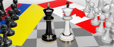 Kolombiya ve Kanada - görüşmeler, tartışmalar, diyaloglar veya bu iki ülke arasında bayraklı iki satranç kralı olarak gösterilen ve toplantı ve müzakere sanatını sembolize eden bir çatışma, 3D illüstrasyon