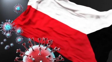 Bratislava ve covid salgını. Virüs Bratislava 'nın bir şehir bayrağına saldırıyor. Virüs salgınıyla mücadele sembolü olarak.