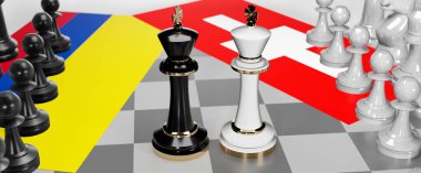 Kolombiya ve İsviçre - görüşmeler, tartışmalar, diyaloglar veya bu iki ülke arasında bayraklı iki satranç kralı olarak gösterilen ve toplantı ve müzakere sanatını sembolize eden bir çatışma, 3D illüstrasyon