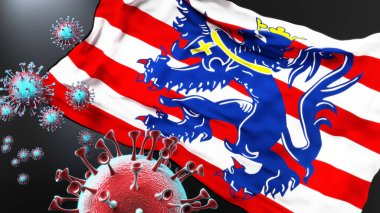 Bruges ve covid salgını. Virüs, Bruges bayrağına saldırıyor. Virüs salgınıyla mücadele sembolü olarak.