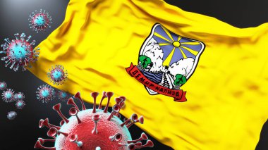 Demir Kapı Belediyesi Kuzey Makedonya 'da Covid - Coronavirus ve Demir Kapı Belediyesi' nin bir bayrağı Kuzey Makedonya 'da salgının bir sembolü olarak, 3d illüstrasyon