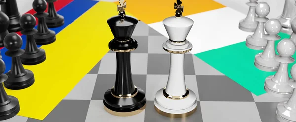 哥伦比亚和爱尔兰 这两个国家之间的对话 对话或对抗 表现为两位国际象棋之王 国旗象征着会议和谈判艺术 3D的例证 — 图库照片