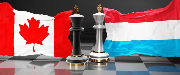 Canada Luxembourg summit, meeting or aliance between those two countries that aims at solving political issues, symbolized by a chess game with national flags, 3d illustration