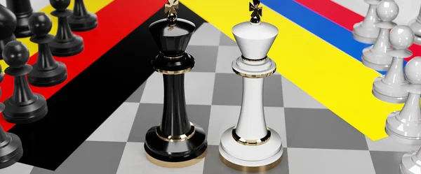 德国和哥伦比亚 这两个国家之间的对话 对话或对抗 表现为两位国际象棋之王 国旗象征着会议和谈判艺术 3D的例证 — 图库照片