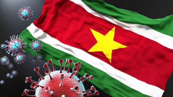 Вірус Суринаму Коїдальна Пандемія Вірус Корони Нападає Національний Прапор Суринаму — стокове фото