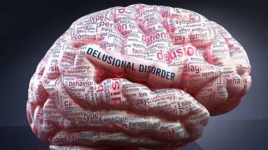 İnsan beyninde kuruntulu bozukluk, bu durumun geniş bir boyutunu göstermek için kortekse yansıtılan sanrısal bozuklukla ilgili yüzlerce terim, 3D çizim