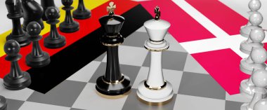 Almanya ve Danimarka - görüşmeler, münazara, diyalog veya bu iki ülke arasında bayraklı iki satranç kralı olarak gösterilen ve toplantı ve müzakere sanatını simgeleyen bir çatışma, 3d illüstrasyon