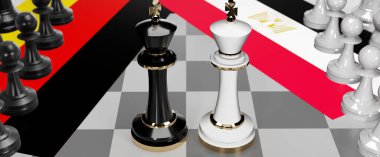 Almanya ve Mısır - görüşmeler, tartışmalar, diyaloglar veya iki satranç kralı olarak gösterilen bu iki ülke arasında toplantı ve müzakere sanatını sembolize eden bir çatışma, 3D illüstrasyon