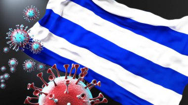 Dunkirk ve Covid salgını. Virüs, Dunkirk 'ün bayrağına saldırıyor. Virüs salgınıyla mücadele sembolü.