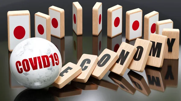 Japan and covid19, economy and domino effect - chain reaction in Japan economy set off by covid19 causing an inevitable crash and collapse - falling economy blocks and Japan flag, 3d illustration