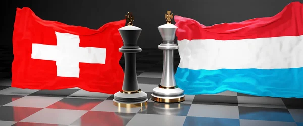 Switzerland Luxembourg talks, meeting or trade between those two countries that aims at solving political issues, symbolized by a chess game with national flags, 3d illustration