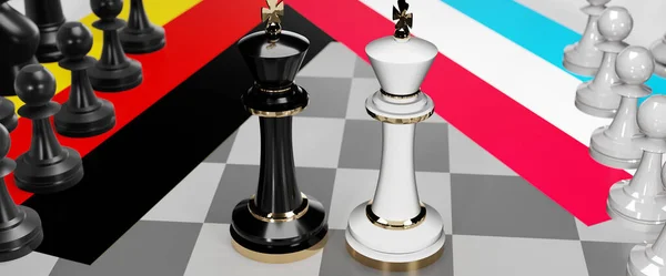 德国和卢森堡 这两个国家之间的会谈 对话或对抗 表现为两位国际象棋之王 国旗象征着会议和谈判艺术 3D的例证 — 图库照片