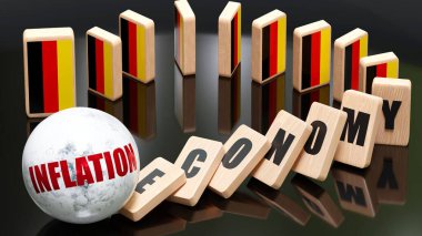 Germany and inflation, economy and domino effect - chain reaction in Germany set off by inflation causing a crash - economy blocks and Germany flag, 3d illustration clipart