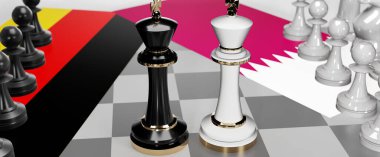Almanya ve Katar - görüşmeler, münazara, diyalog veya iki satranç kralı olarak gösterilen bu iki ülke arasında toplantı ve müzakere sanatını sembolize eden bir çatışma, 3d illüstrasyon