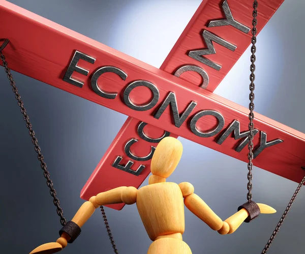 言葉でコントロールバーに象徴される経済コントロール パワー 影響力と操作木製の人形の弦 チェーン を引く経済 3Dイラスト — ストック写真