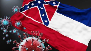 Mississippi ve covid salgını. Virüs Mississippi 'nin bayrağına saldırıyor. Virüs salgınıyla mücadele sembolü olarak.