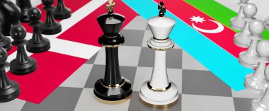 Danimarka ve Azerbaycan - görüşmeler, tartışmalar, diyaloglar veya bu iki ülke arasında bayraklı iki satranç kralı olarak gösterilen ve toplantı ve müzakere sanatını sembolize eden bir çatışma, 3d illüstrasyon