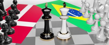 Danimarka ve Brezilya - görüşmeler, münazara, diyalog veya iki satranç kralı olarak gösterilen bu iki ülke arasında toplantı ve müzakere sanatını sembolize eden bir çatışma, 3d illüstrasyon