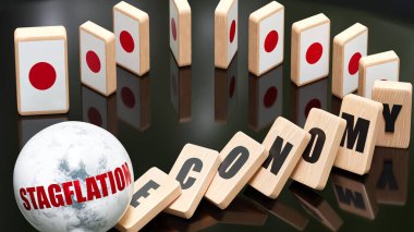 Japonya ve durgunluk, ekonomi ve domino etkisi - Japonya 'da durgun enflasyonun yol açtığı zincirleme reaksiyon - ekonomik engeller ve Japonya bayrağı, 3d illüstrasyon
