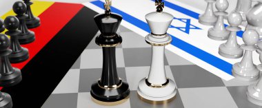 Almanya ve İsrail - görüşmeler, tartışmalar, diyaloglar veya iki satranç kralı olarak gösterilen bu iki ülke arasında toplantı ve müzakere sanatını sembolize eden bir çatışma, 3D illüstrasyon