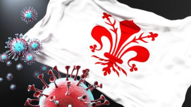 Floransa ve Covid salgını. Virüs, Floransa bayrağına saldırıyor. Virüs salgınıyla mücadele sembolü olarak.