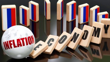 Rusya ve enflasyon, ekonomi ve domino etkisi - Rusya 'da enflasyonun yol açtığı zincirleme reaksiyon - ekonomik bloklar ve Rusya bayrağı, 3d illüstrasyon