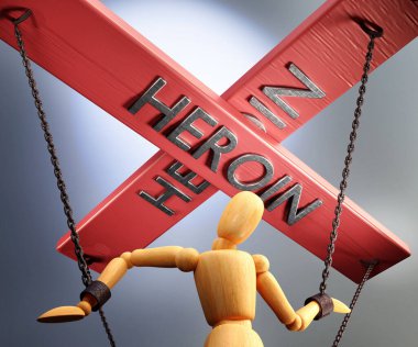 Eroin kontrolü, güç, nüfuz ve manipülasyon kontrol çubuğuyla sembolize ediliyor. Tahta bir kuklanın zincirlerini çeken eroin sözcüğü, 3D illüstrasyon.