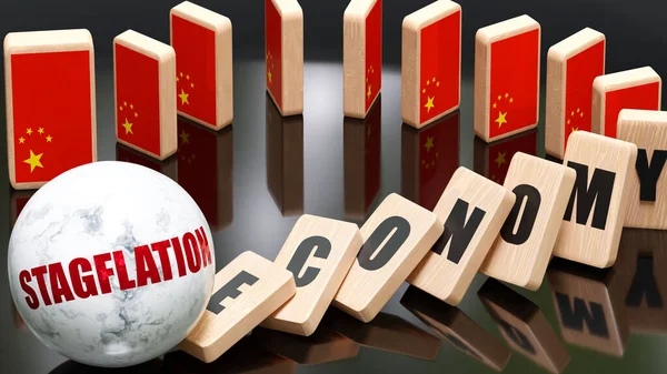 China and stagflation, economy and domino effect - chain reaction in China set off by stagflation causing a crash - economy blocks and China flag, 3d illustration