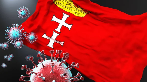Gdaňsk Covid Pandemie Virus Útočí Městskou Vlajku Gdaňsku Jako Symbol — Stock fotografie