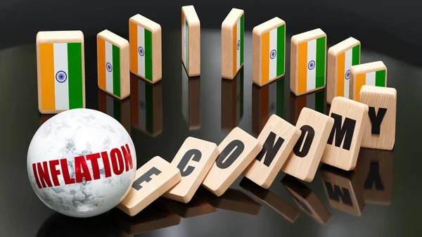 India and inflation, economy and domino effect - chain reaction in India economy set off by inflation causing an inevitable crash and collapse - falling economy blocks and India flag, 3d illustration