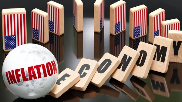 USA and inflation, economy and domino effect - chain reaction in USA economy set off by inflation causing an inevitable crash and collapse - falling economy blocks and USA flag, 3d illustration